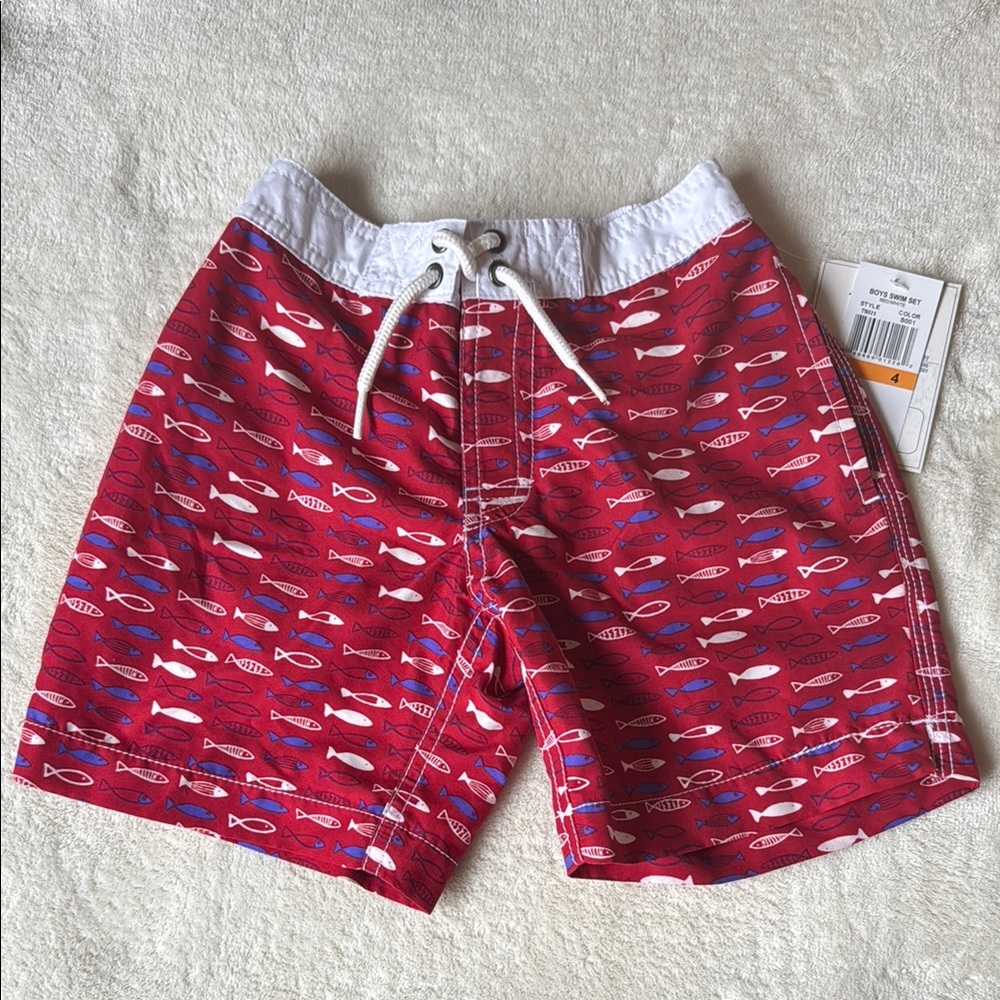 Red and White Swim Trunks with Fish Pattern
